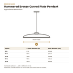 Dimension card for the hammered bronze curved plate pendant, 8 to 22 in