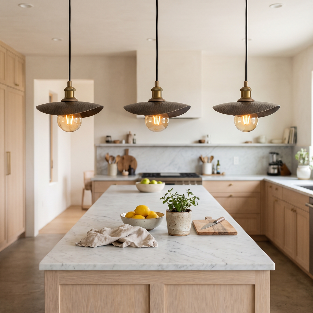 Three hammered bronze finish curved plate pendant lights over a white marble kitchen island