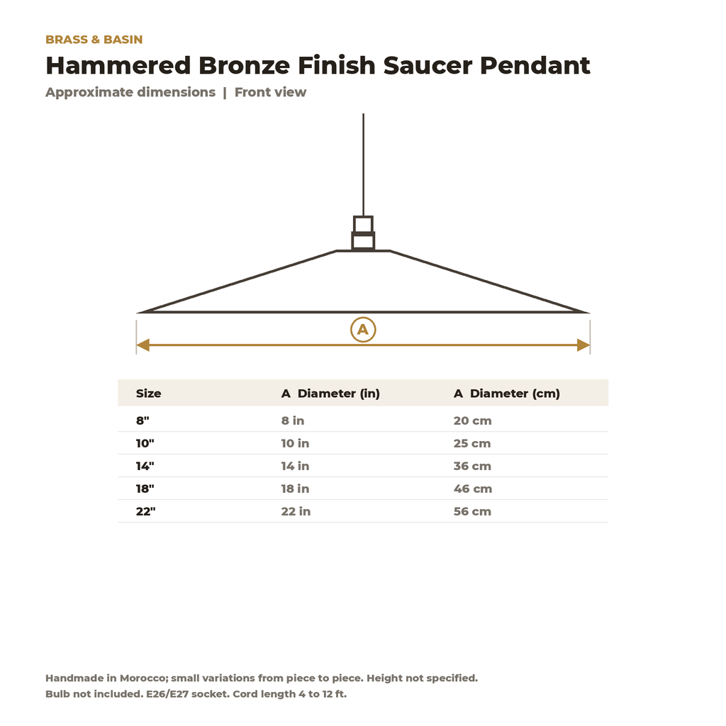 Dimension card for the hammered saucer pendant, 8 to 22 in diameter