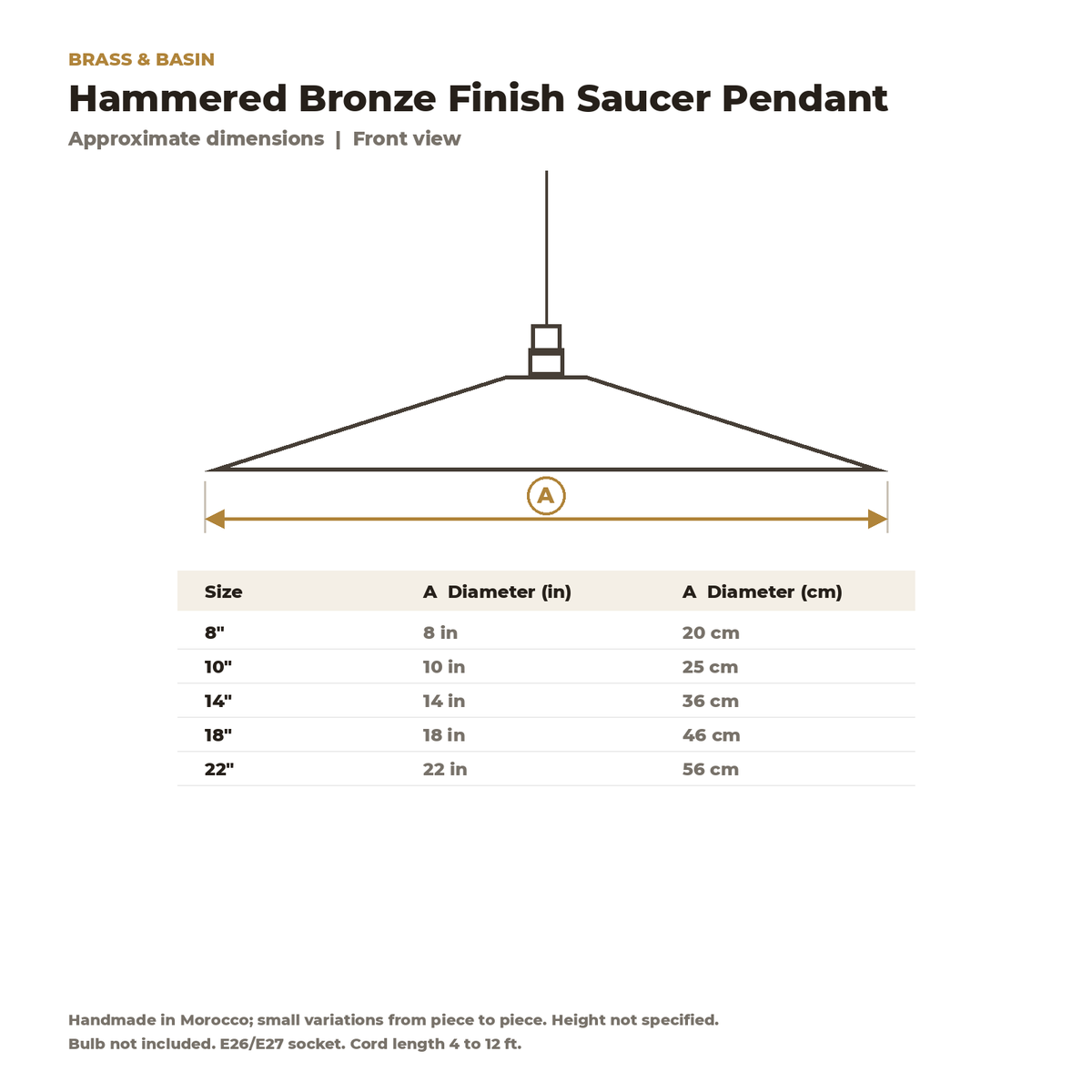 Dimension card for the hammered saucer pendant, 8 to 22 in diameter