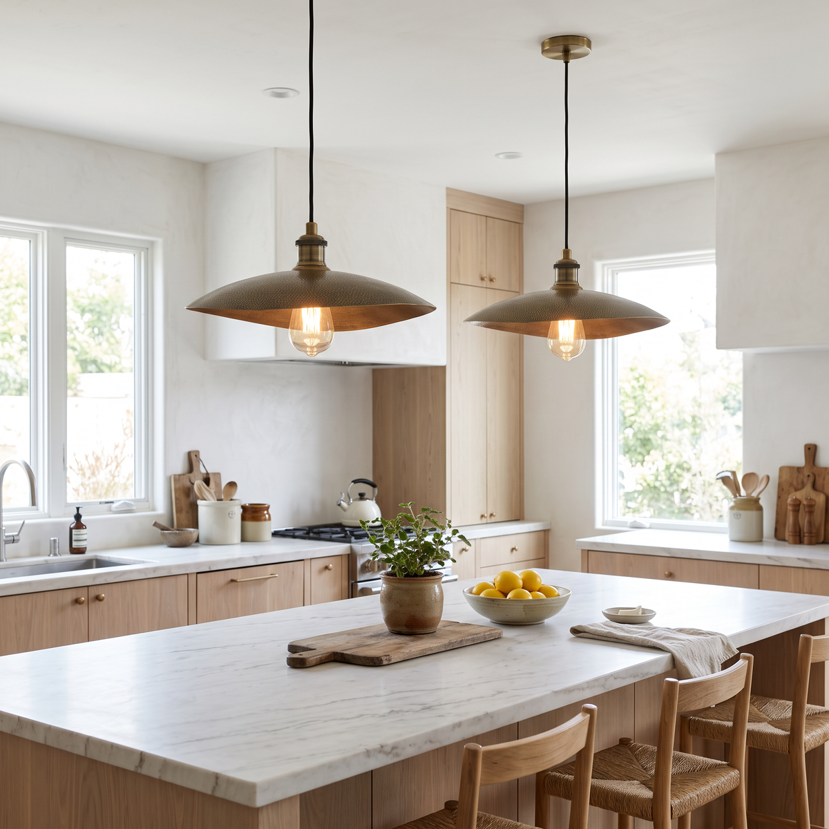 Two hammered bronze finish saucer pendant lights over a white marble kitchen island