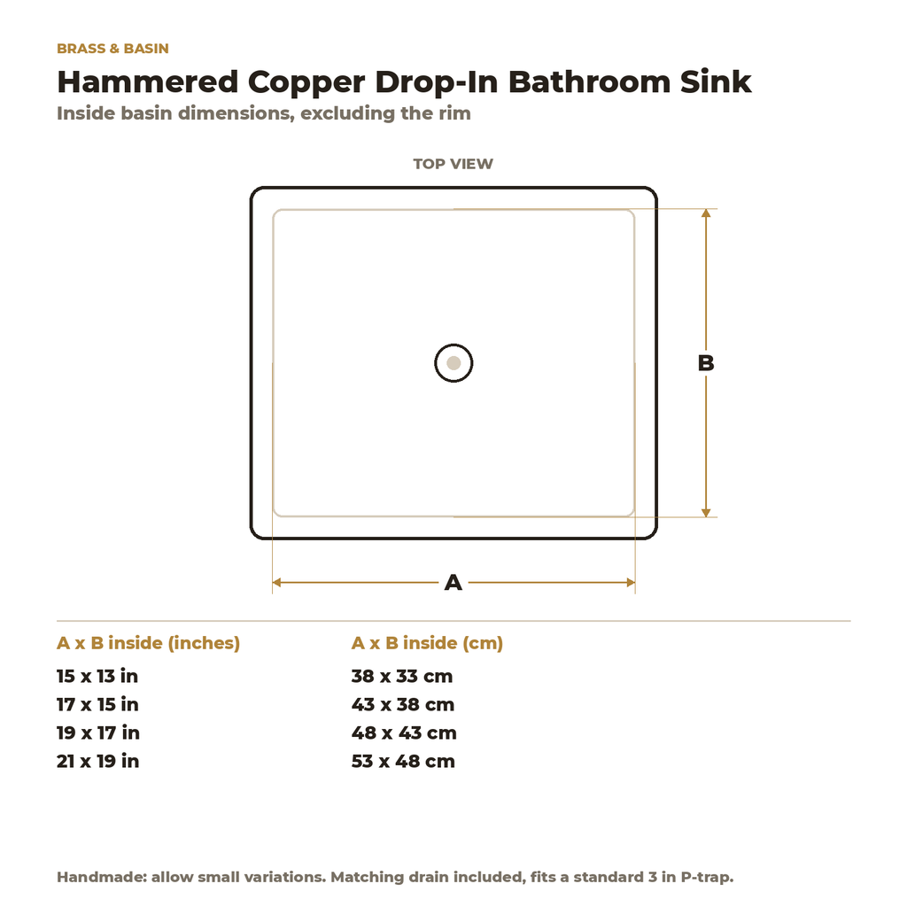 Hammered Copper Drop-In Bathroom Sink inside basin dimensions in inches and centimetres