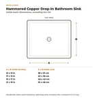 Hammered Copper Drop-In Bathroom Sink inside basin dimensions in inches and centimetres