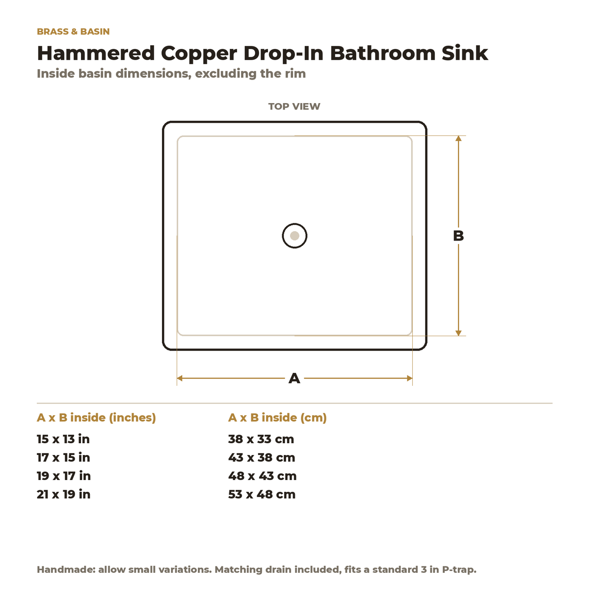 Hammered Copper Drop-In Bathroom Sink inside basin dimensions in inches and centimetres