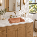 Hammered Copper Drop-In Bathroom Sink in a bright California bathroom vanity