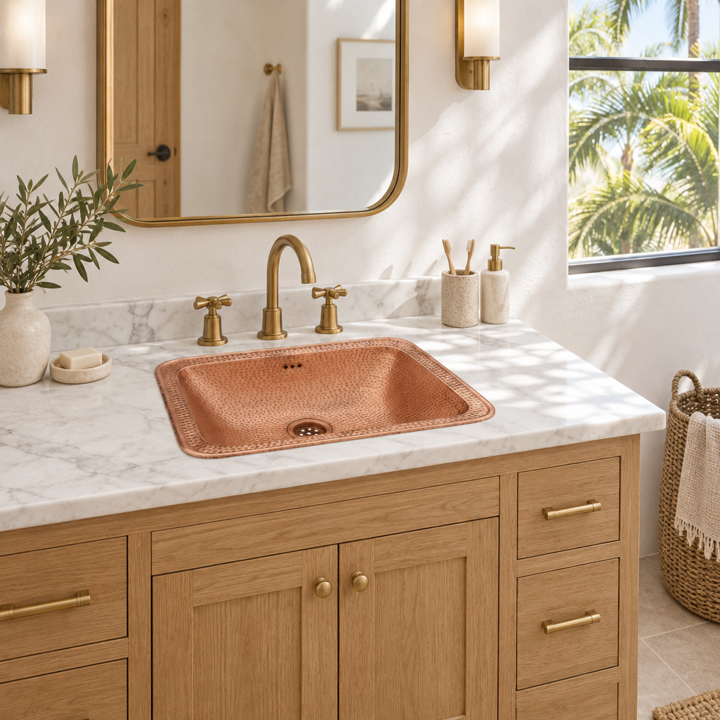 Hammered Copper Drop-In Bathroom Sink in a bright California bathroom vanity