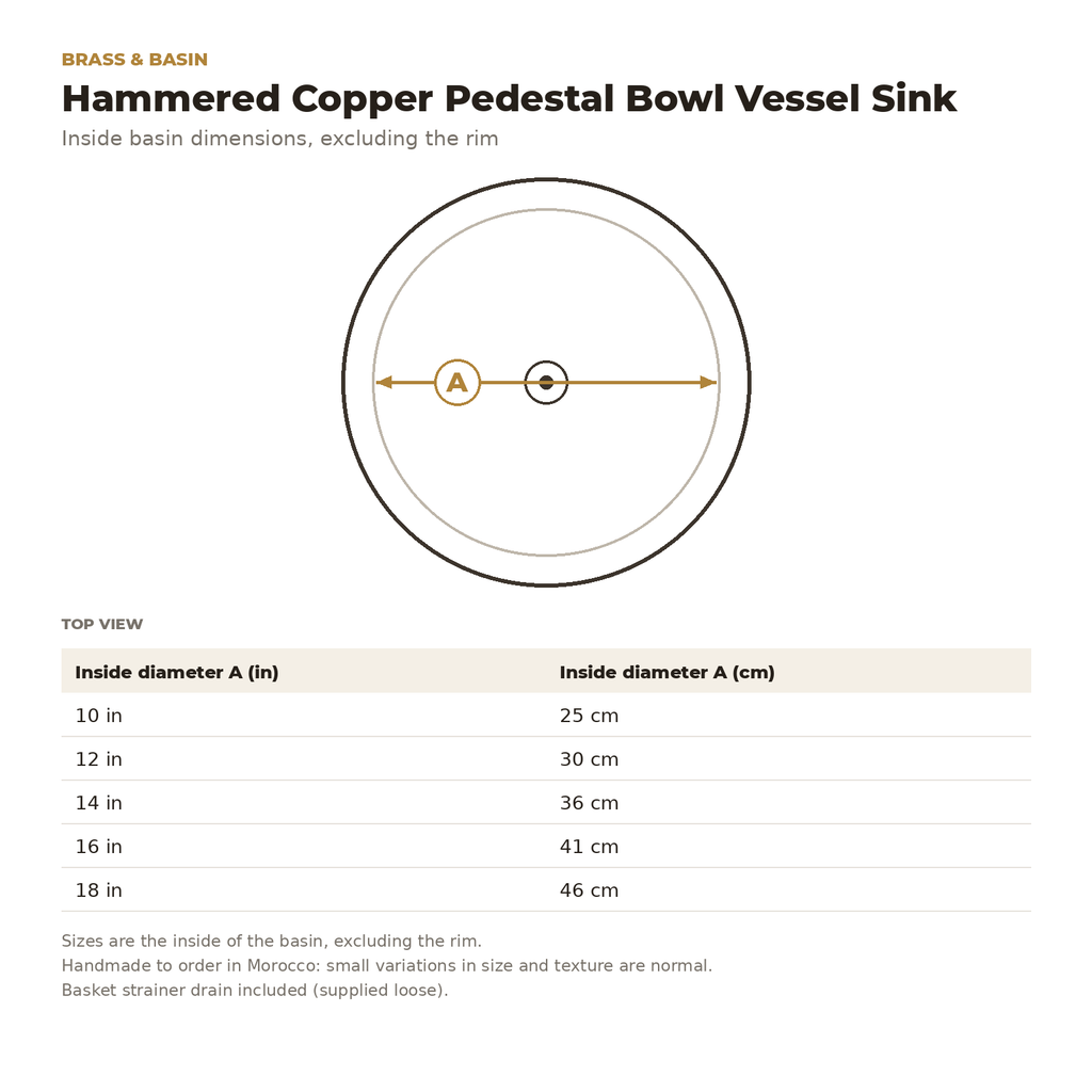 Hammered Copper Pedestal Bowl Vessel Sink inside basin dimensions drawing