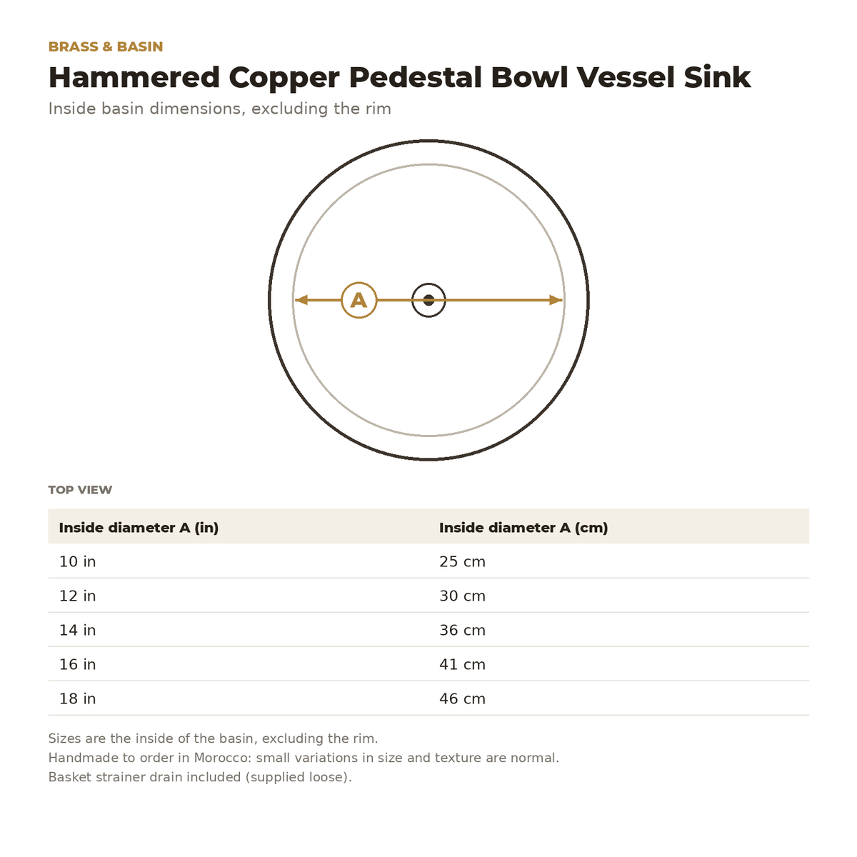 Hammered Copper Pedestal Bowl Vessel Sink inside basin dimensions drawing