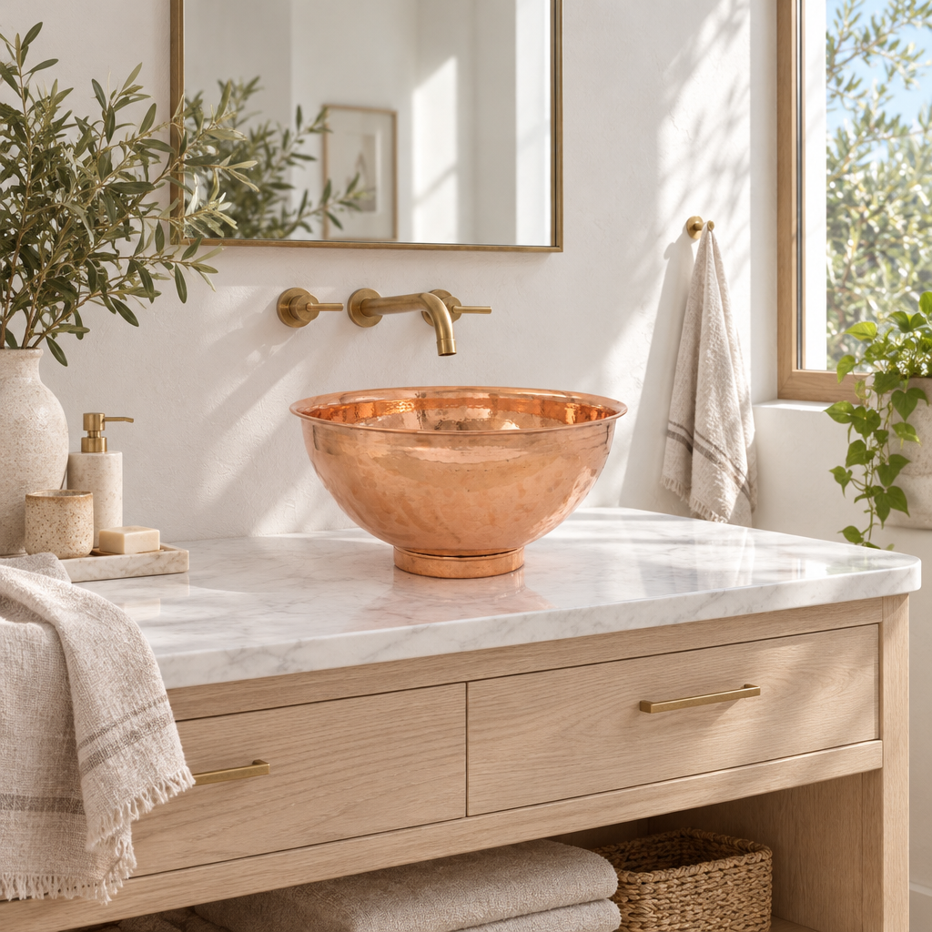 Hammered Copper Pedestal Bowl Vessel Sink in a bright, airy bathroom