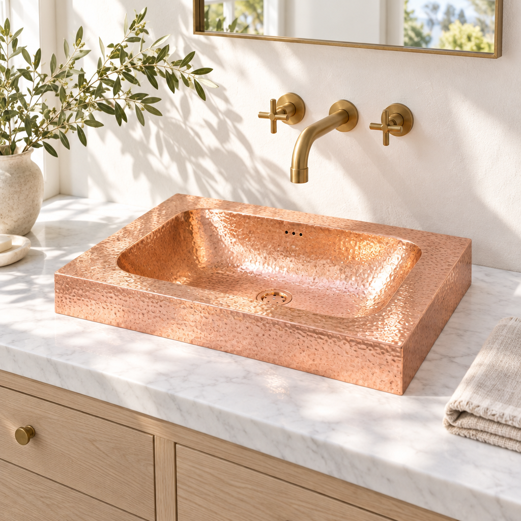 Hammered copper raised-profile sink on a sunlit white marble vanity