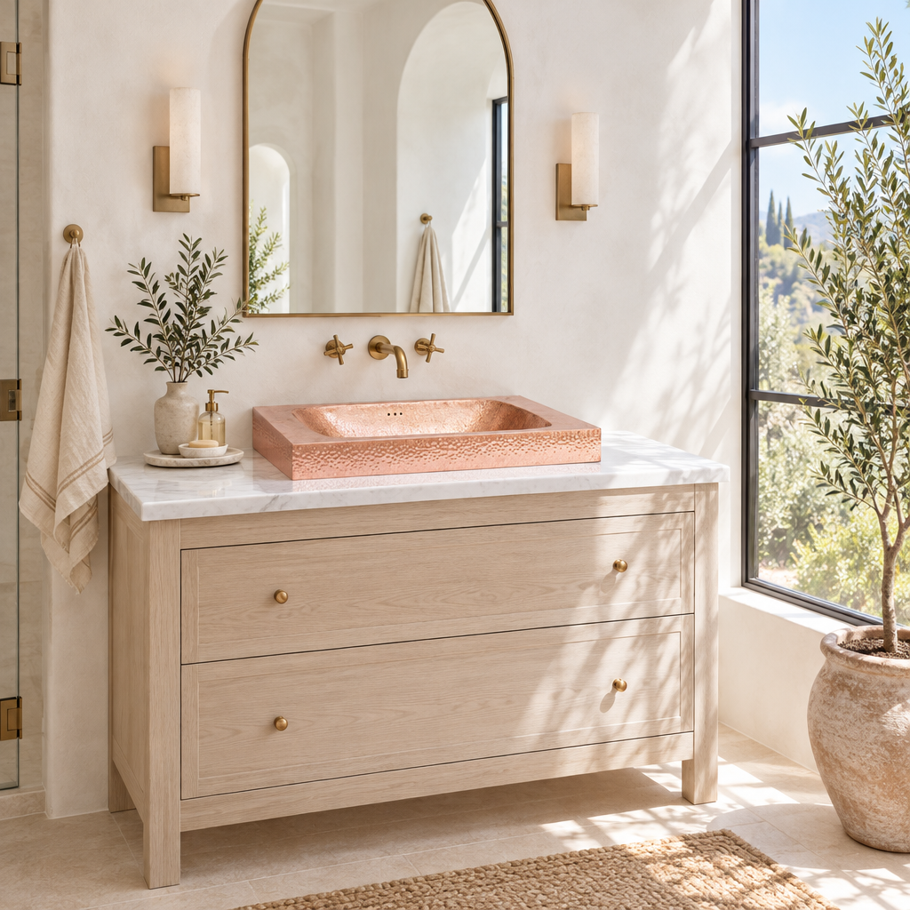Bright California bathroom with a hammered copper raised-profile sink