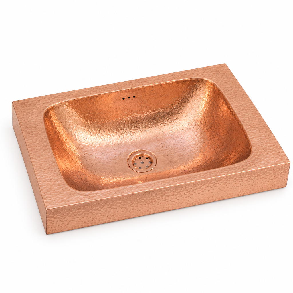 Hammered copper rectangular raised-profile sink on a white background