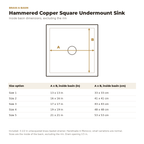 Inside basin dimensions of the hammered copper square undermount sink, brass basket strainer included