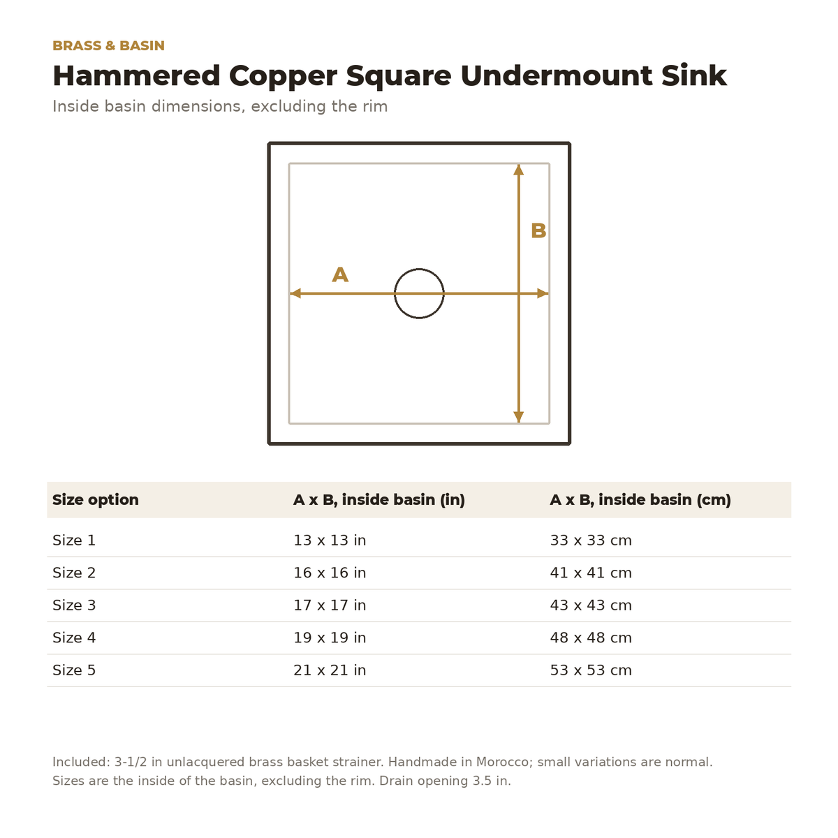 Inside basin dimensions of the hammered copper square undermount sink, brass basket strainer included