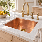 Hammered copper square undermount sink with brass basket strainer in a sunlit marble kitchen island