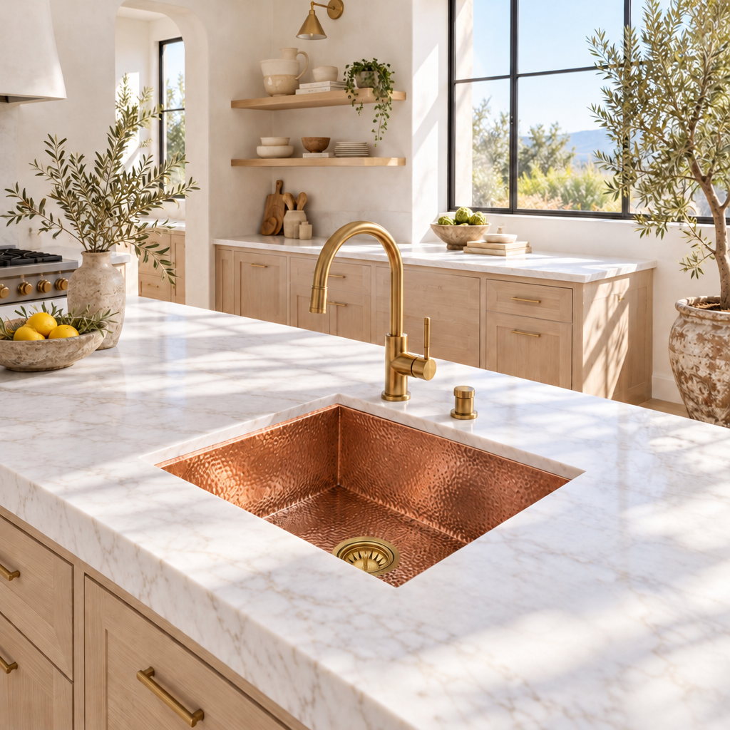 Bright California kitchen with a hammered copper square sink and brass basket strainer