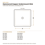 Hammered Copper Undermount Kitchen Sink, inside basin dimensions in inches and centimetres
