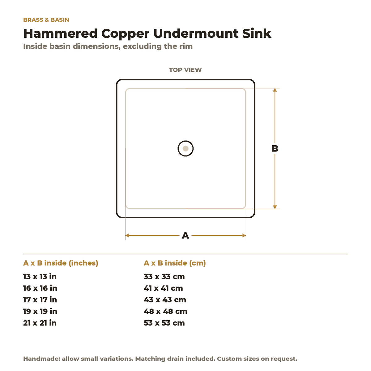 Hammered Copper Undermount Kitchen Sink, inside basin dimensions in inches and centimetres