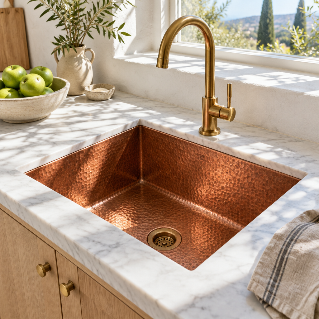Hammered Copper Undermount Kitchen Sink in a bright, sunlit California kitchen