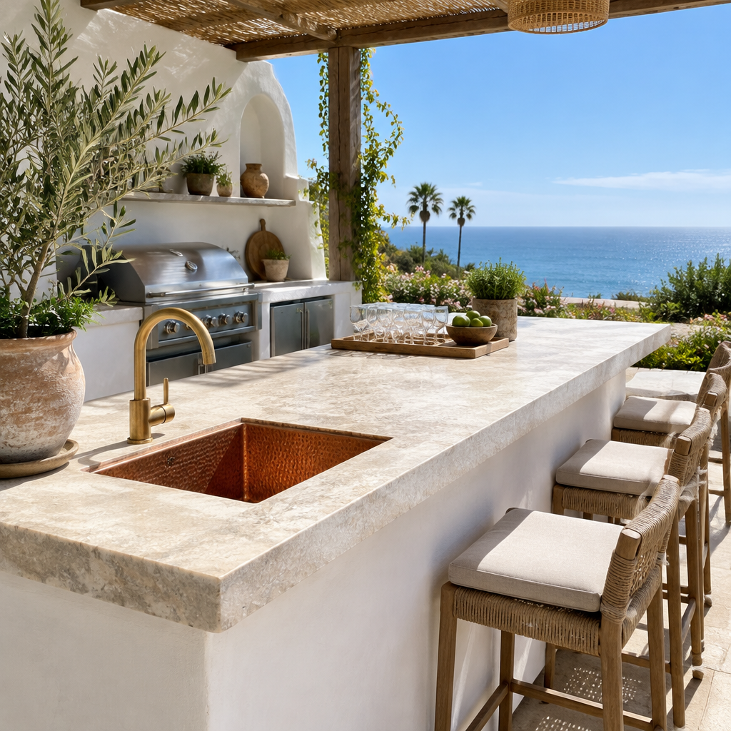 Hammered Copper Undermount Kitchen Sink in a bright, airy California outdoor kitchen bar