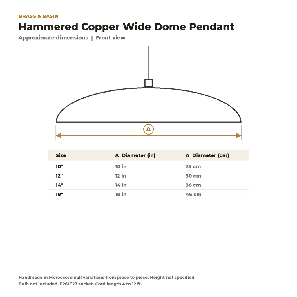 Dimension card for the hammered copper wide dome pendant, 10 to 18 in diameter