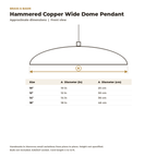 Dimension card for the hammered copper wide dome pendant, 10 to 18 in diameter