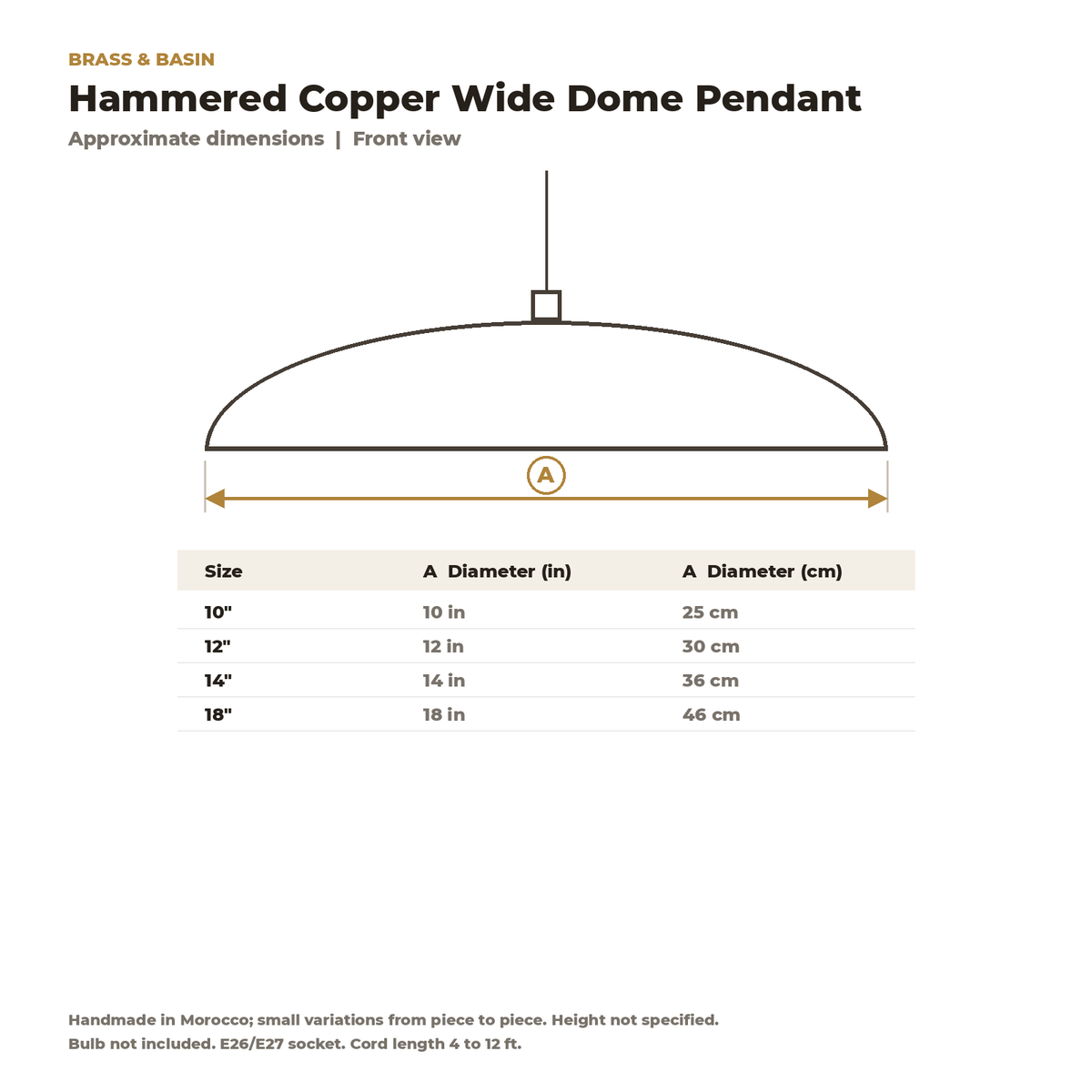 Dimension card for the hammered copper wide dome pendant, 10 to 18 in diameter