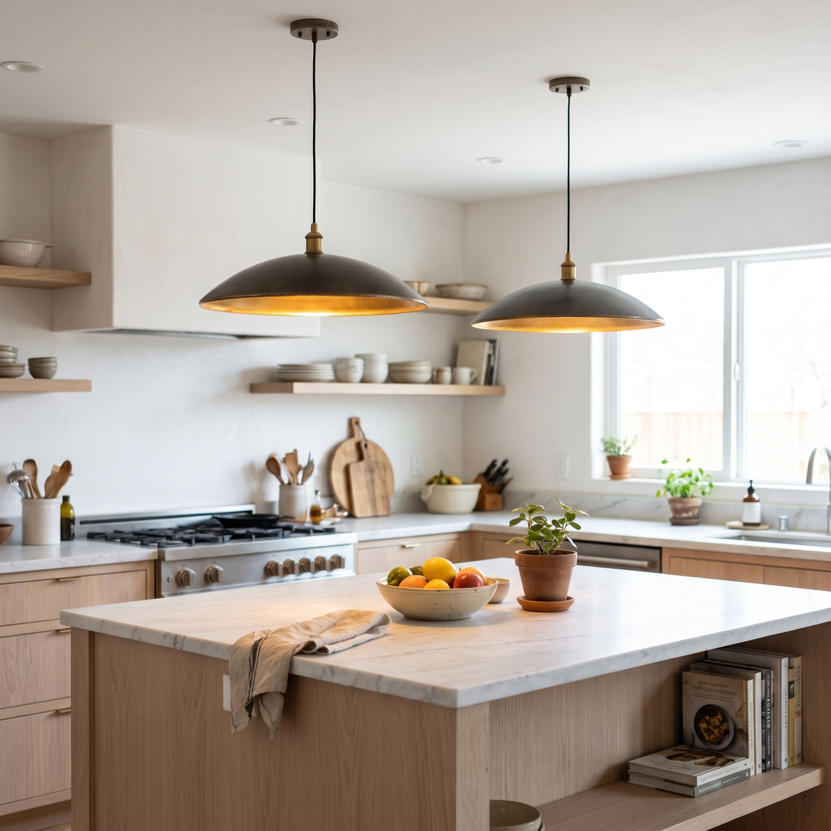 Two hammered dark bronze saucer pendant lights glowing over a marble kitchen island