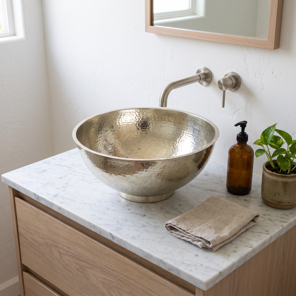 Hammered German silver bowl vessel sink on a white marble vanity with a wall-mounted nickel spout