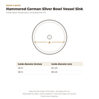 Hammered German silver bowl vessel sink dimensions drawing, 16 and 18 in inside diameter