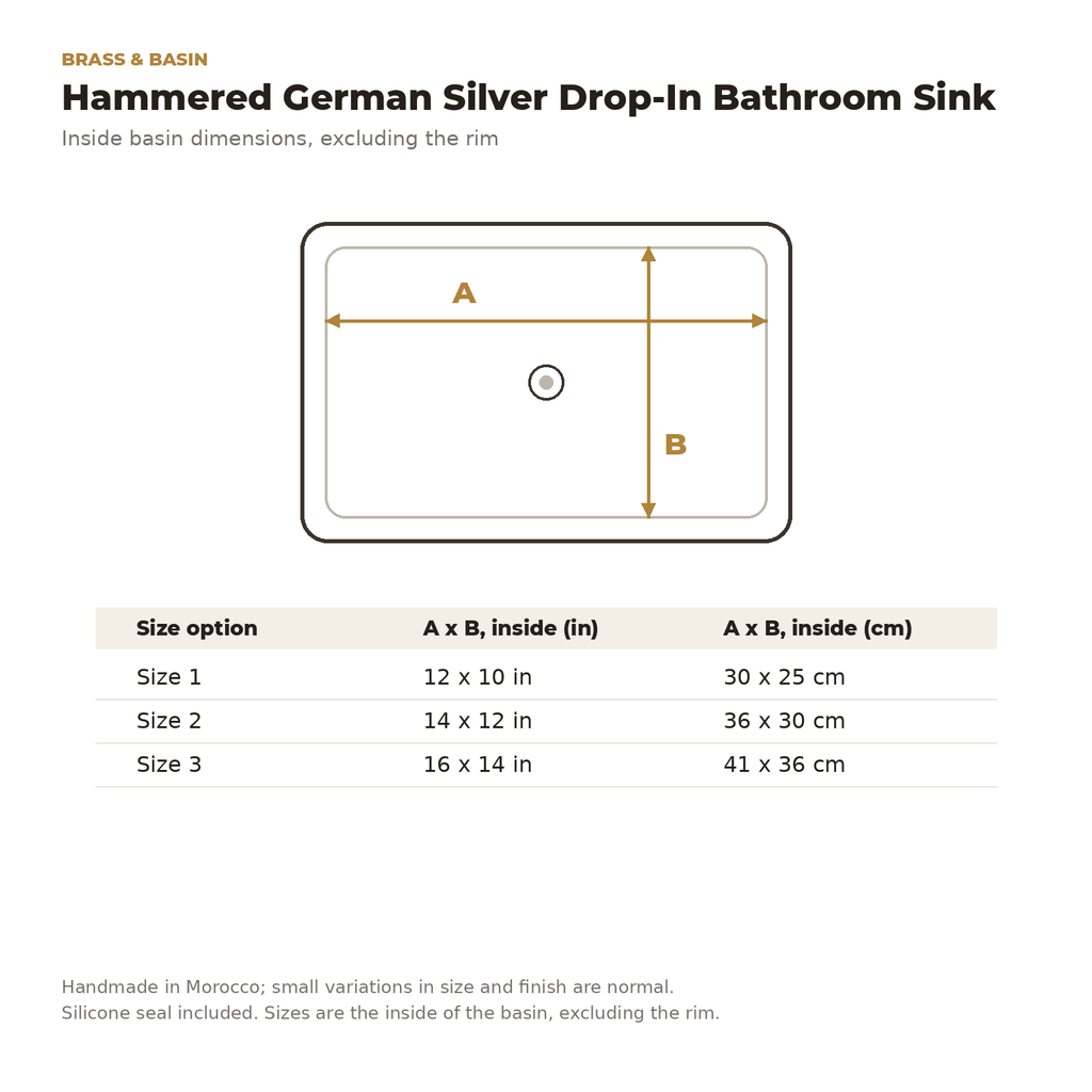 Inside basin dimensions of the hammered German silver drop-in sink