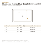 Inside basin dimensions of the hammered German silver drop-in sink