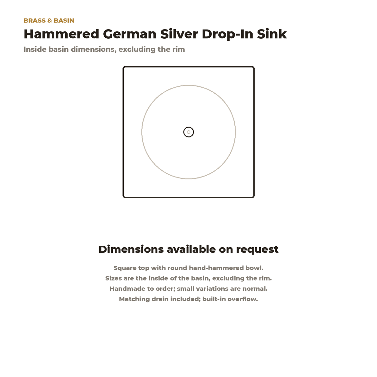 German silver square drop-in sink top view drawing