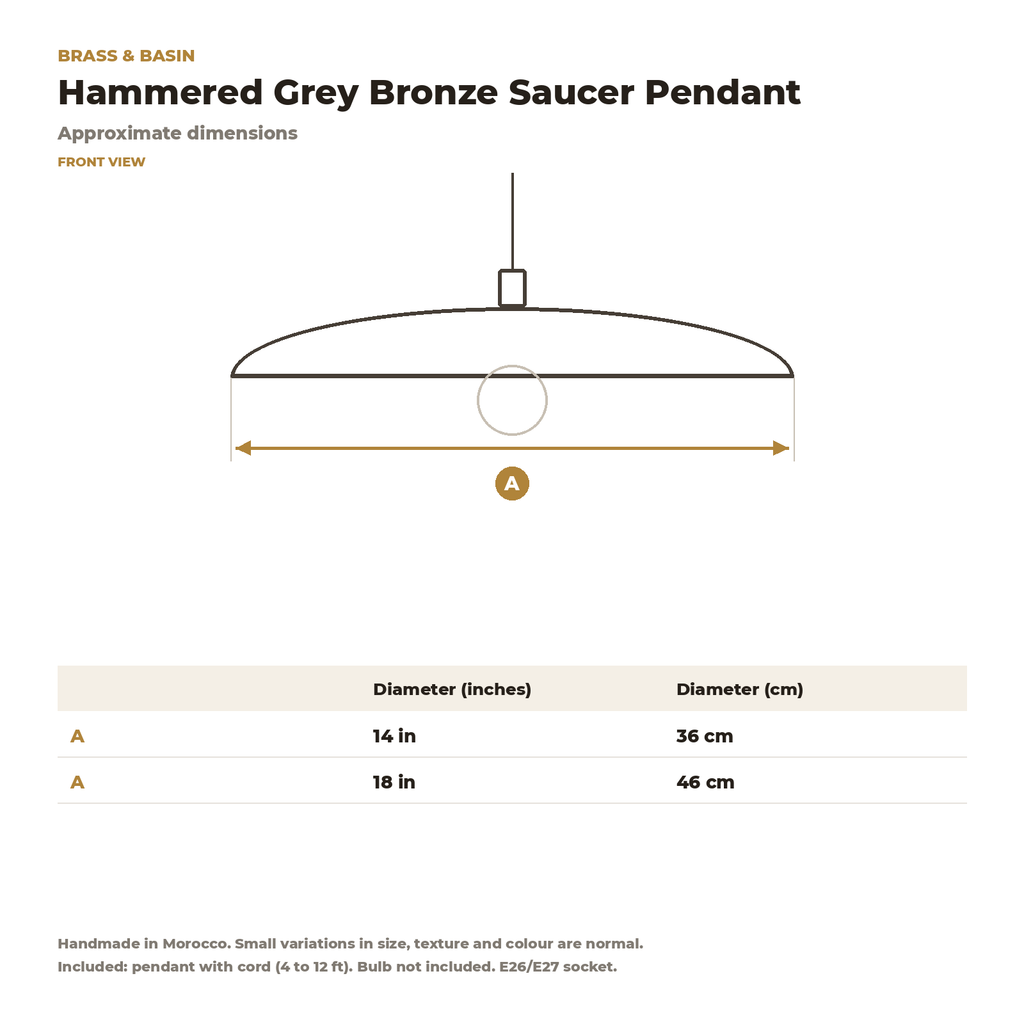 Hammered grey bronze saucer pendant dimensions, 14 and 18 in