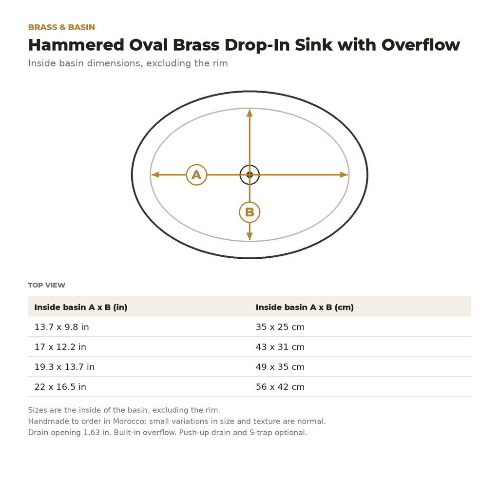 Hammered Oval Brass Drop-In Sink with Overflow inside basin dimensions drawing