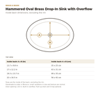 Hammered Oval Brass Drop-In Sink with Overflow inside basin dimensions drawing