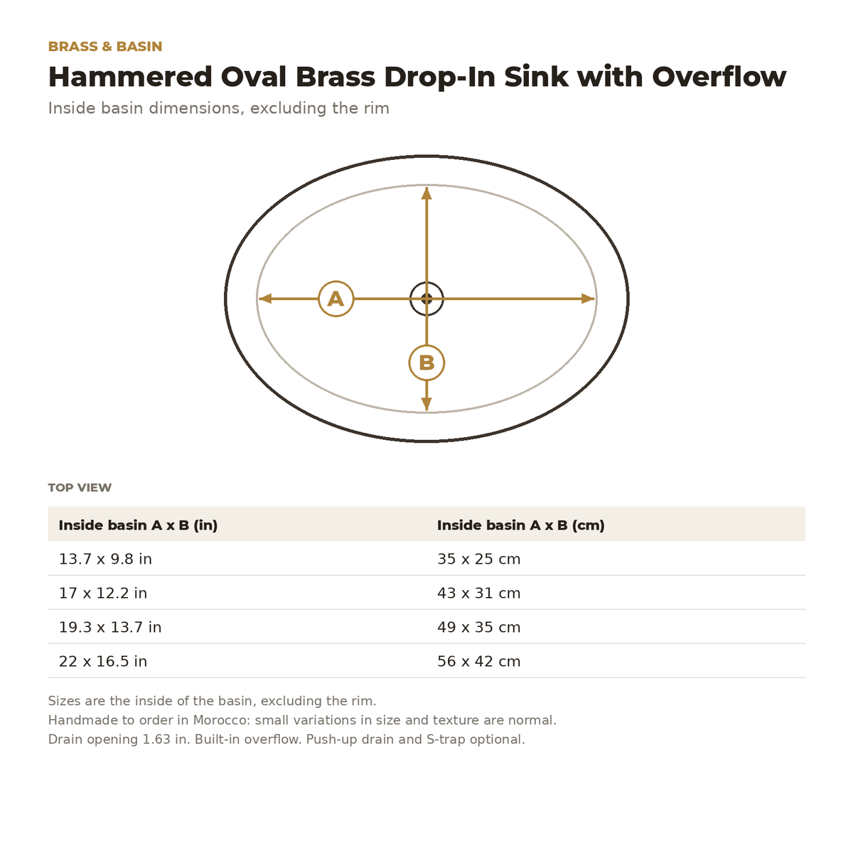 Hammered Oval Brass Drop-In Sink with Overflow inside basin dimensions drawing
