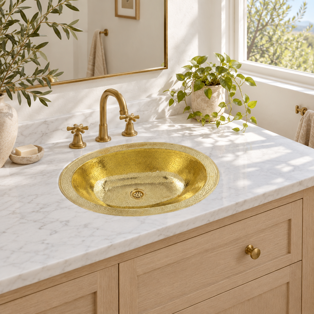 Hammered Oval Brass Drop-In Sink with Overflow in a bright, airy bathroom
