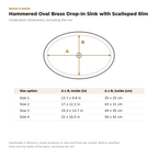 Inside basin dimensions of the hammered oval brass scalloped rim sink
