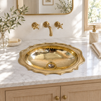 Bright California powder room with a scalloped hammered brass drop-in sink