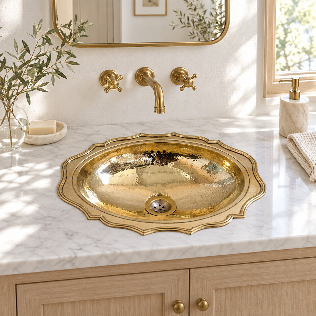 Bright California powder room with a scalloped hammered brass drop-in sink