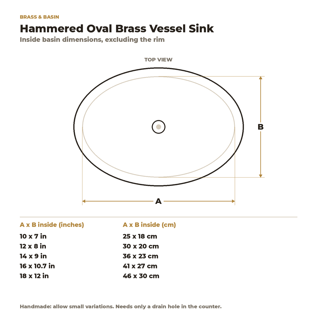 Hammered Oval Brass Vessel Sink, inside basin dimensions in inches and centimetres
