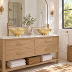 Two Hammered Oval Brass Vessel Sinks on a double vanity in a bright California bathroom