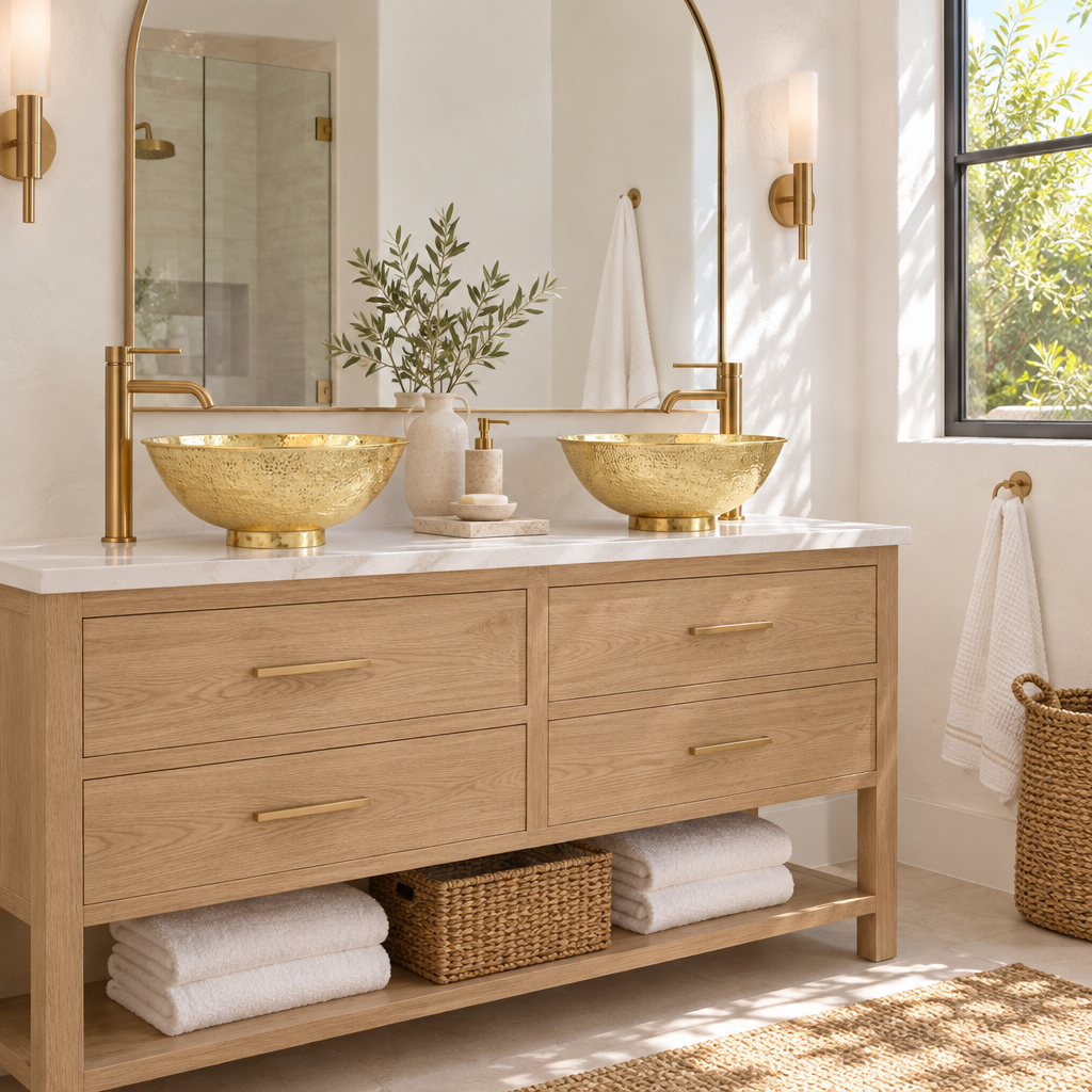 Two Hammered Oval Brass Vessel Sinks on a double vanity in a bright California bathroom