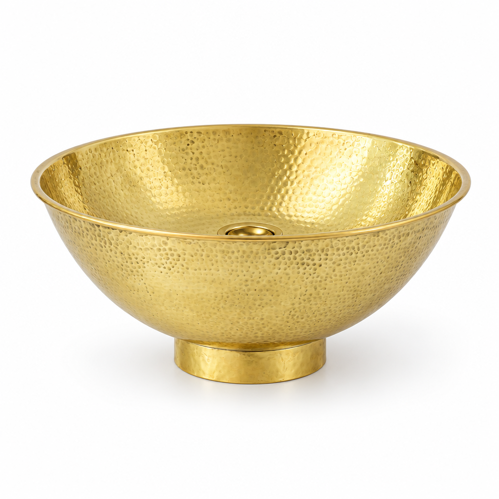 Hammered Oval Brass Vessel Sink with pedestal foot on a white background