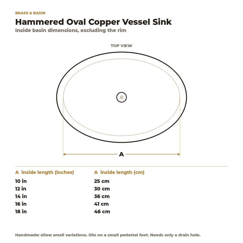 Hammered Oval Copper Vessel Sink inside basin dimensions in inches and centimetres