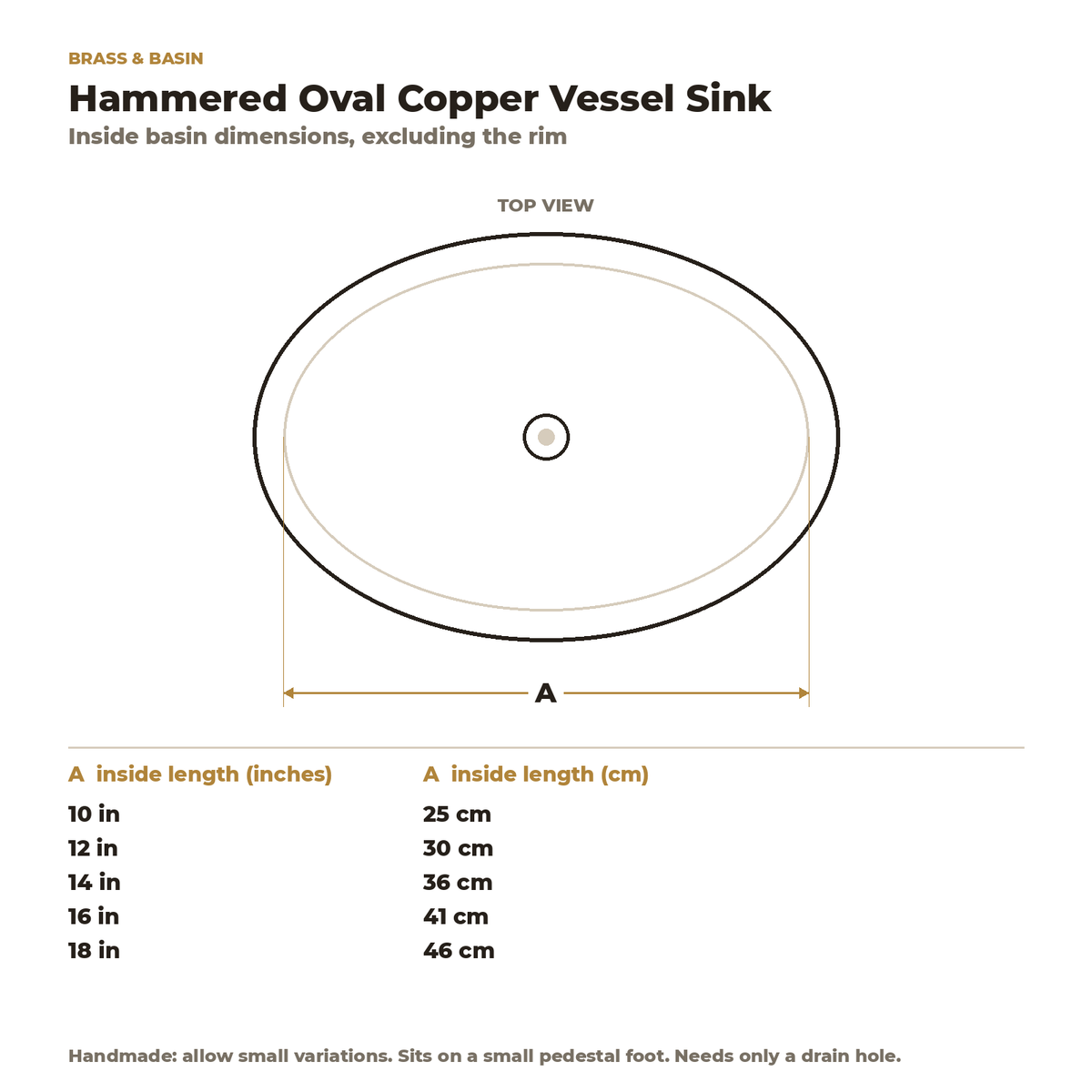 Hammered Oval Copper Vessel Sink inside basin dimensions in inches and centimetres