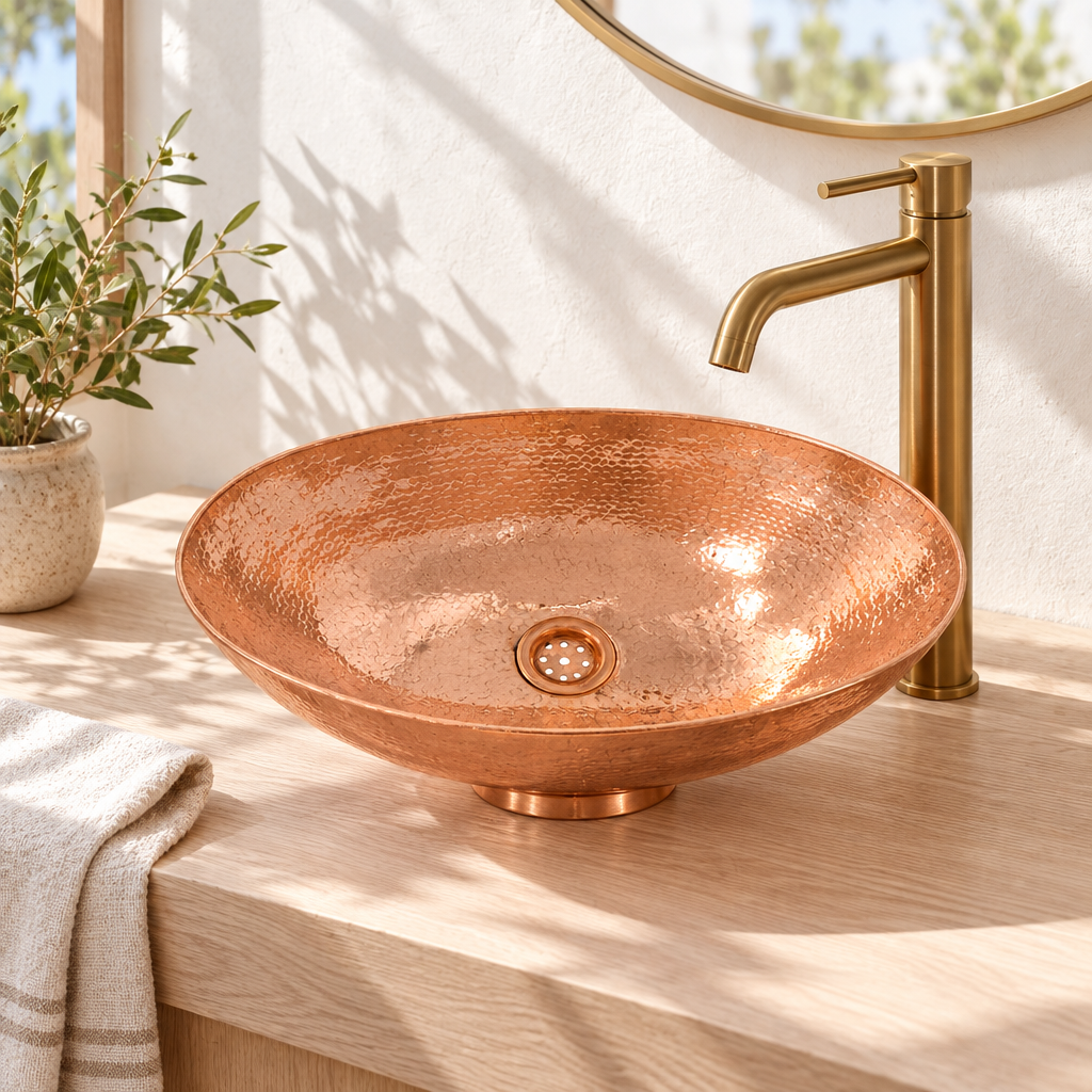 Hammered Oval Copper Vessel Sink on a white oak vanity in a bright California bathroom