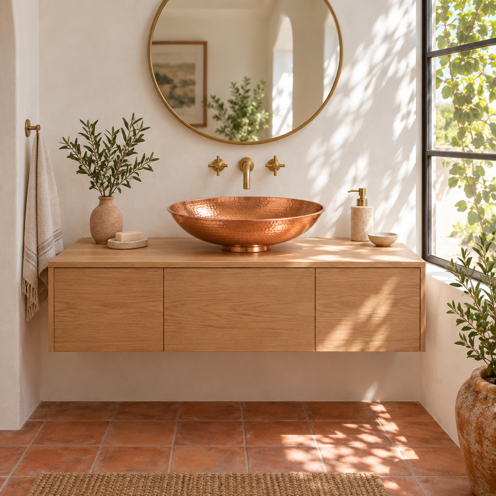 Hammered Oval Copper Vessel Sink in a bright, airy California bathroom