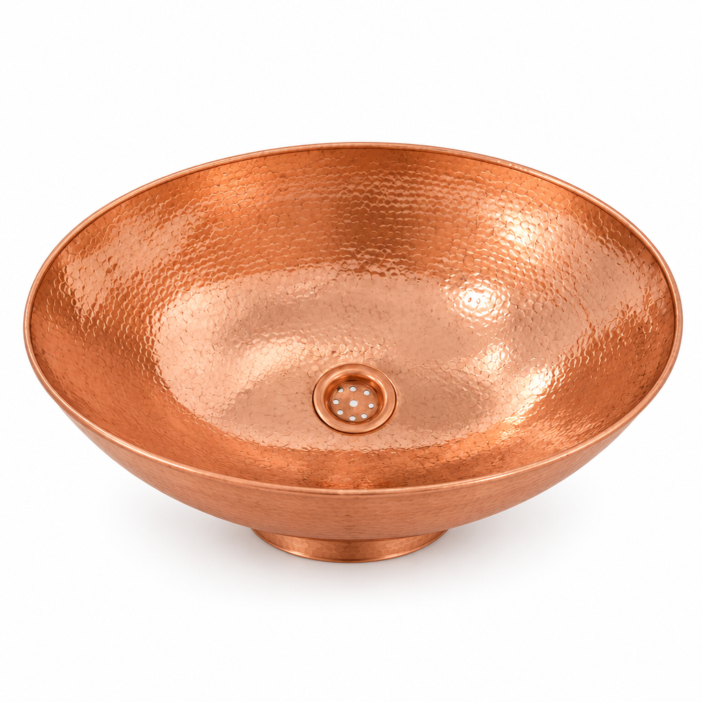 Hammered Oval Copper Vessel Sink on a white background